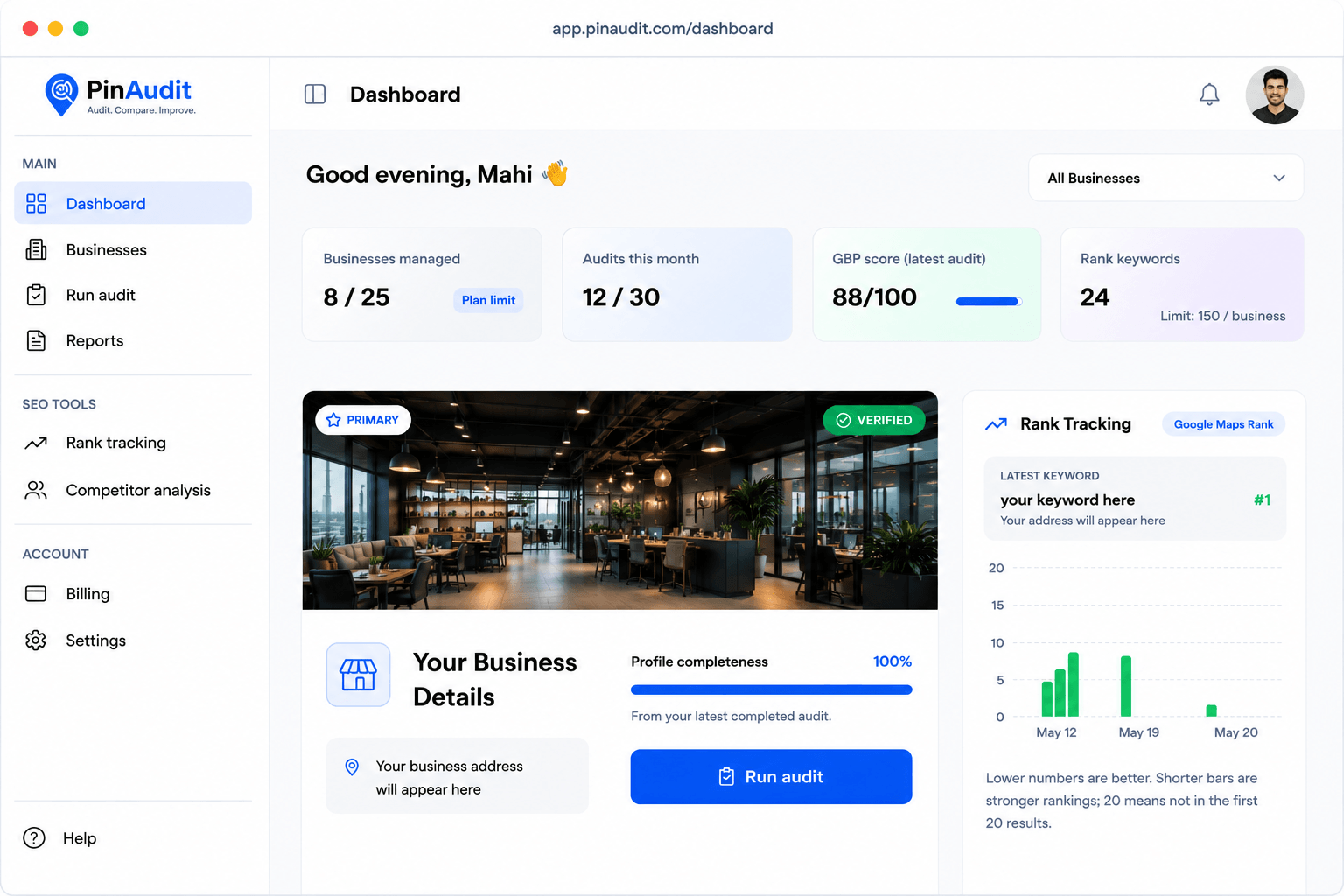 PinAudit dashboard after signing up and choosing a plan